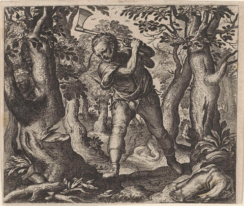 Fable of the lumberjack and the forest, Aegidius Sadeler, 1608 Canvas Print