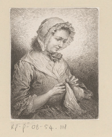 Portrait of Dorothea Louise Schmidt sewing, Georg Friedrich Schmidt, 1753 Canvas Print