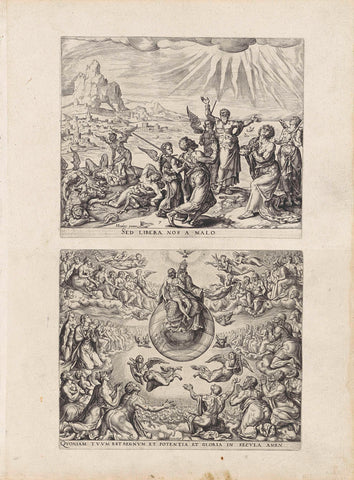 Red ons uit de greep van het kwaad / Aanbidding van de Drieëenheid, Johannes Wierix, 1569 - 1573 Canvas Print