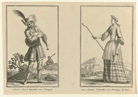 Bagpipe player and shepherdess in rural clothing c. 1695, Jean Mariette, 1695 - 1700 Canvas Print