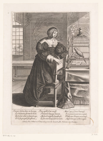 Woman at a parrot in a cage, Abraham Bosse, 1634 - 1636 Canvas Print