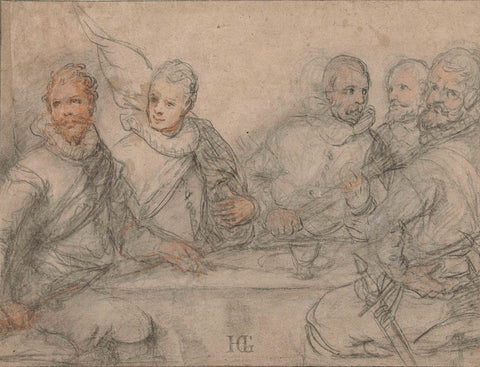 Five officers, study for a gunner's meal., Hendrick Goltzius, 1595 - 1605 Canvas Print