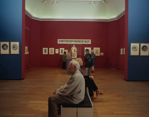 Room with prints and/or drawings and visitors on benches and a view of the room around the Theme 'Journey to Italy', c. 2003 Canvas Print