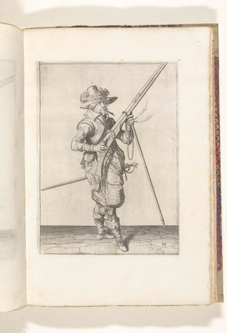 Soldier on guard holding his musket with his right hand pointed upwards, while placing the barrel with his left hand on his furket (no. 36), ca. 1600, Jacob de Gheyn (II) (workshop or), 1608 Canvas Print