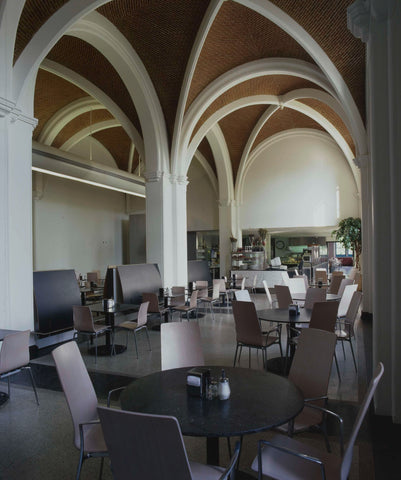 Public restaurant with square and round tables, left partitions and at the back a cash register, 1998 Canvas Print