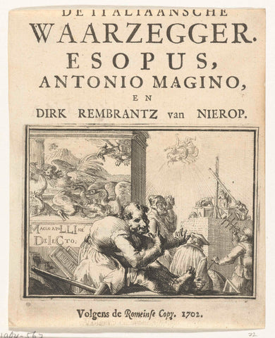 Title page for the pamphlet: The Italian Soothsayer. Esopus, Antonio Magino, and Dirk Rembrantz van Nierop, 1702, Romeyn de Hooghe, 1702 Canvas Print