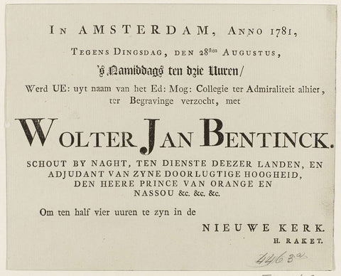 Invitation to the funeral of Wolter Jan Gerrit baron Bentinck, 1781, H. Raket, 1781 Canvas Print