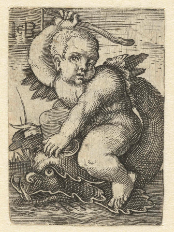 Putto on dolphin, Jacob Binck, 1510 - 1569 Canvas Print