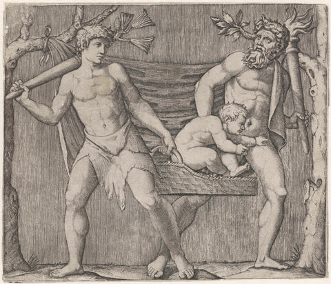 Two fauns carry a child in a basket, Marcantonio Raimondi, 1513 - 1515 Canvas Print