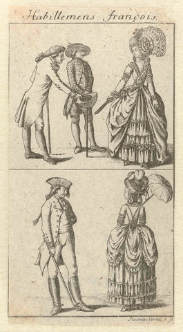 Habillemens François, ca. 1778-1780: Twee vrouwen en drie mannen met wandelstok, Rosmasler, c. 1778 - c. 1780 Canvas Print