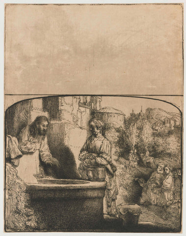 Christ and the woman of Samaria: an arched print, Rembrandt van Rijn, 1657 Canvas Print