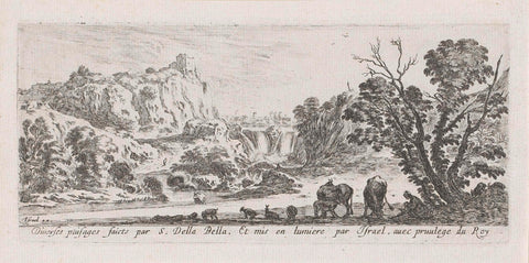 Title print with landscape with waterfall, Stefano della Bella, 1620 - 1664 Canvas Print