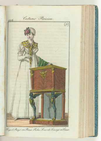 Journal des Dames et des Modes, editie Frankfurt 28 July 1806, Costume Parisien (31): Toquet Rayé en Biais. Fichu-Cravate. Corsage en Coeur., anonymous, 1806 Canvas Print