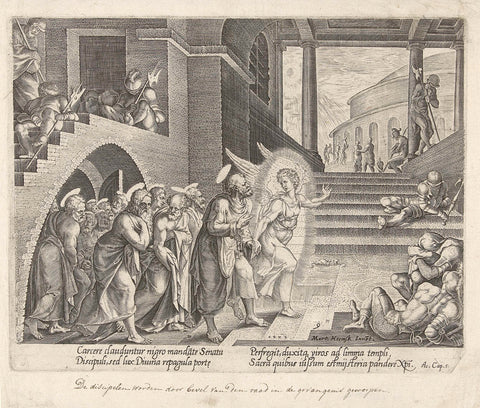 Peter and the other apostles are freed from prison by an angel, Philips Galle, 1582 Canvas Print