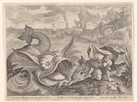 The fish spews Jonah out on the land, Antonie Wierix (II), 1585 Canvas Print