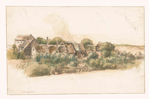 View of some houses and a watermill between trees, Gilles Neyts, 1633 - 1687 Canvas Print