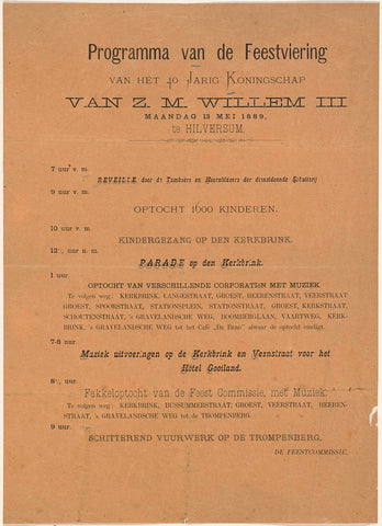 Programme of the celebration of the 40th anniversary of the reign of William III, King of the Netherlands, in Hilversum on 13 May 1889, anonymous, 1889 - 1891 Canvas Print