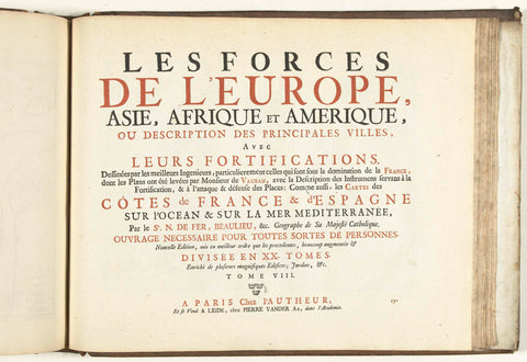 Titelpagina voor het prentwerk: The Forces of Europe, Asia, Africa and America (...) Comme aussi les Cartes des Côtes de France et d'Espagne (deel VIII), 1726, Pieter van der Aa (I), 1726 Canvas Print