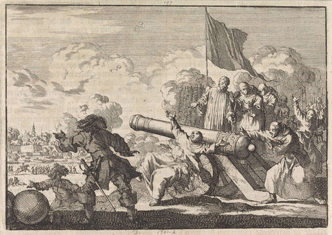 Siege of Groningen in which a cannon is blessed by six monks, 1672, Jan Luyken, 1698 Canvas Print