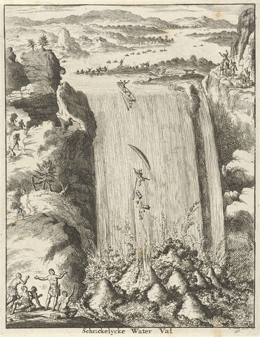 View of a large waterfall in which two canoes are dragged along, Jan Luyken, 1681 Canvas Print