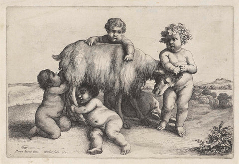 Four little boys, a sater and a goat standing to the right, Wenceslaus Hollar, 1647 Canvas Print