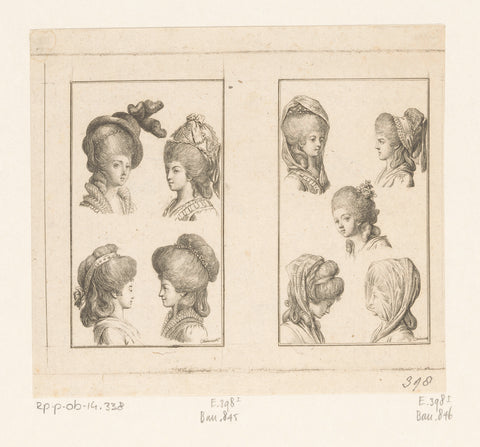 Two performances with hairstyles and headgear for women, Daniel Nikolaus Chodowiecki, 1781 Canvas Print