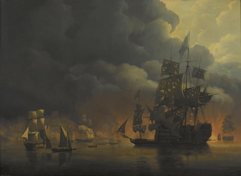 The Anglo-Dutch Fleet under Lord Exmouth and Vice Admiral Jonkheer Theodorus Frederik van Capellen putting out the Algerian Strongholds, 27 August 1816, Nicolaas Baur, 1818 Canvas Print