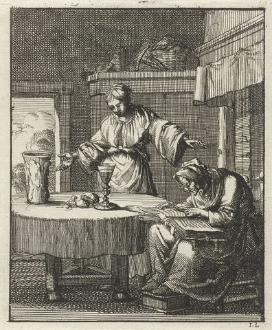 Woman standing at a table where an old woman studies the Bible, Jan Luyken, 1687 Canvas Print