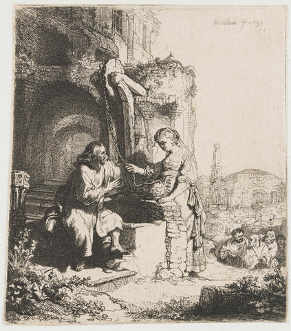 Christ and the woman of Samaria among ruins, Rembrandt van Rijn, 1634 Canvas Print