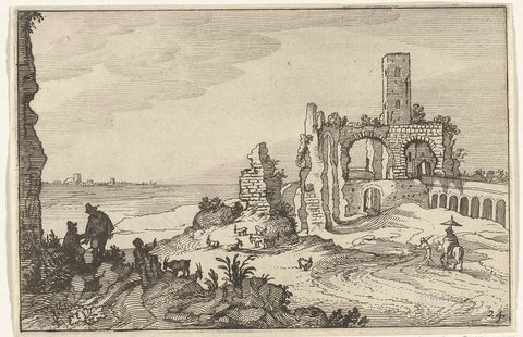 Ruin with Arches and a Tower on the Water, Willem van Nieulandt (II), 1618 Canvas Print