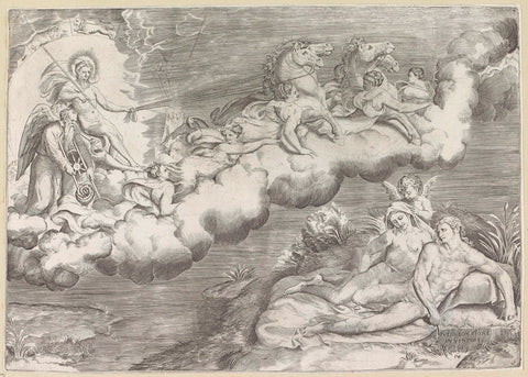 Apollo in his solar car, Giulio Bonasone, 1501 - 1580 Canvas Print