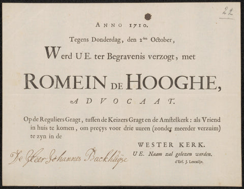 Uitnodiging aan Johannes Bakhuysen voor de begrafenis van Romein de Hooghe (1638-1710), erven Jacob Lescailje, in or after 1710 Canvas Print