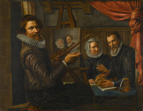 The Painter in his Studio Painting the Portrait of a Married Couple, Herman van Vollenhoven, 1612 Canvas Print