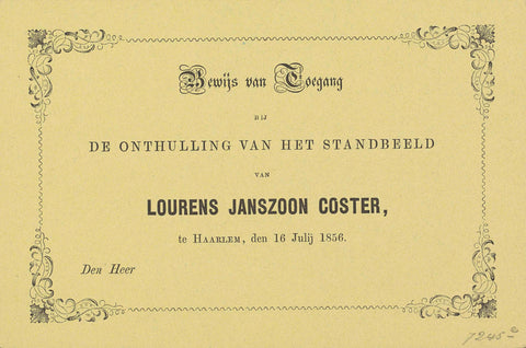 Bewijs van Toegang bij de unveiling van het standbeeld van Lourens Janszoon Coster, te Haarlem, den 16 Julij 1856, anonymous, 1856 Canvas Print