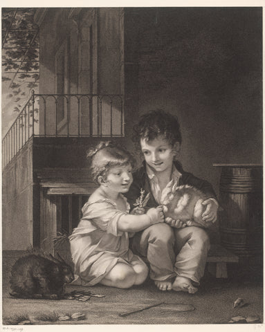 Two children with rabbits, Barthélémy Joseph Fulcran Roger, 1777 - 1841 Canvas Print