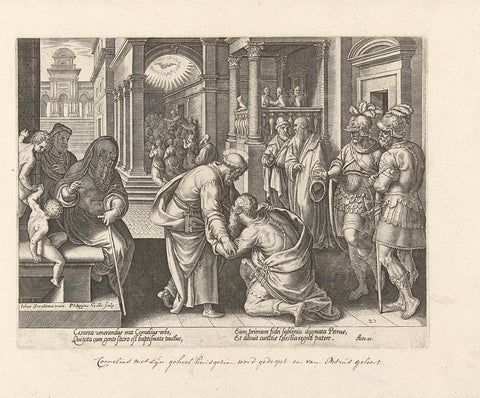 Cornelius kneels before Petrus, Philips Galle, 1582 Canvas Print