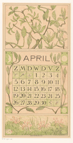 Calendar sheet April with leaves, Theo van Hoytema, 1913 Canvas Print