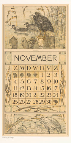 Calendar sheet November with coot on a pole, Theo van Hoytema, 1916 Canvas Print