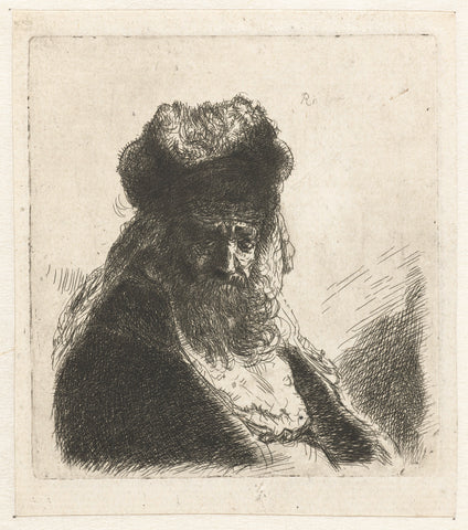 Bearded old man in a high fur cap, with eyes closed, anonymous, after 1635 Canvas Print