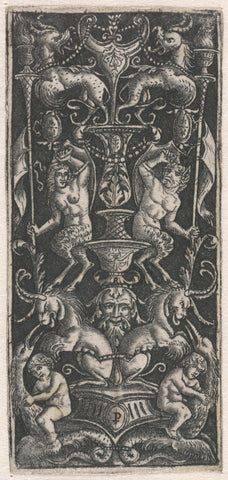 Ornament with candelabra on which male and female satyr sit above foot with two lion-like creatures with horns and two putti on mythical animals with bird heads, Peregrino da Cesena, 1505 - 1520 Canvas Print