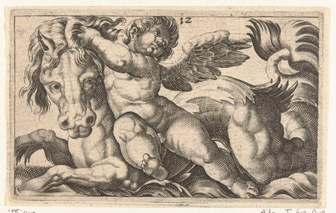 Putto, seated on a seahorse, Adam Fuchs, c. 1526 - 1606 Canvas Print