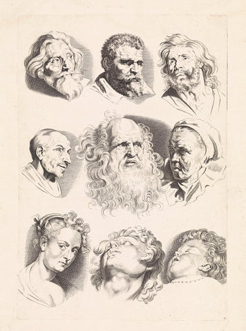 Studies of nine heads, Paulus Pontius, 1616 - 1657 Canvas Print