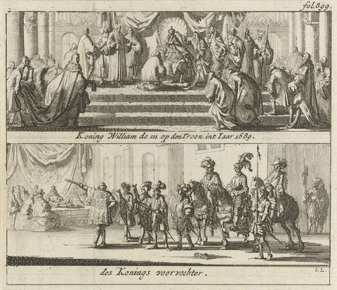 William III on the throne and the ceremony with the royal camp fighter, 1689, Jan Luyken, 1689 Canvas Print