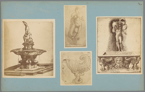 Four photo reproductions of drawings of fountains and a bowl, anonymous, c. 1875 - c. 1900 Canvas Print