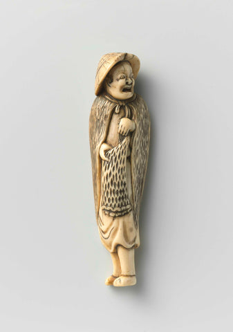 Netsuke in the form of a fisherman in rain wear, anonymous, c. 1700 - c. 1800 Canvas Print