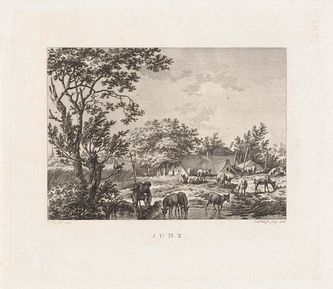 Shepherd with cattle at a stream and a farm, Izaak Jansz. De Wit, 1807 Canvas Print