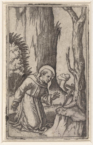 Saint Francis of Assisi kneeling before crucifix, Marcantonio Raimondi, 1500 - 1527 Canvas Print