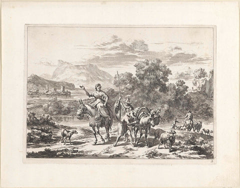 Shepherds and a young woman on a donkey, Jan de Visscher, 1670 Canvas Print