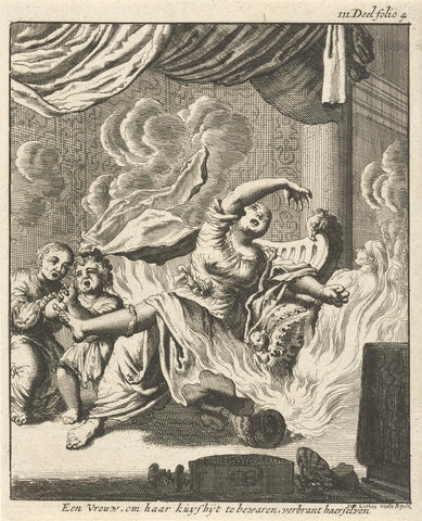 Seated woman and two crying children surrounded by flames, Jan Luyken, 1682 Canvas Print