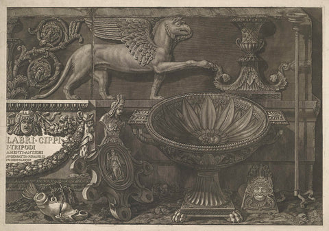 Title print with sculptures, carved reliefs and a sarcophagus with title (right part), Giovanni Battista Piranesi, 1778 Canvas Print